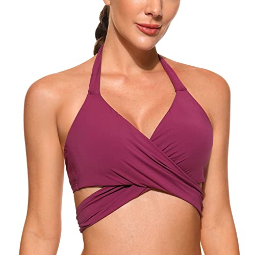 CRZ YOGA Damen Bikini Oberteil Sport BH Push Up Halter Bademode Ruched Bandage Top Fuchsie 85B/C von CRZ YOGA