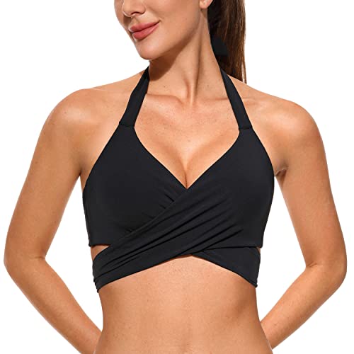 CRZ YOGA Damen Bikini Oberteil Sport BH Push Up Halter Bademode Ruched Bandage Top Schwarz 85B/C von CRZ YOGA