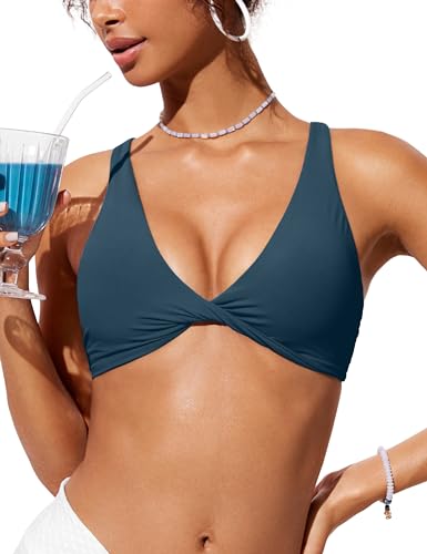CRZ YOGA Damen Bikini Oberteil Top Bademode Swimsuit Push Up Padded Swim Ruched Wickeloptik Bathing Suits Bikinioberteil Abzeichen Blau 42 von CRZ YOGA