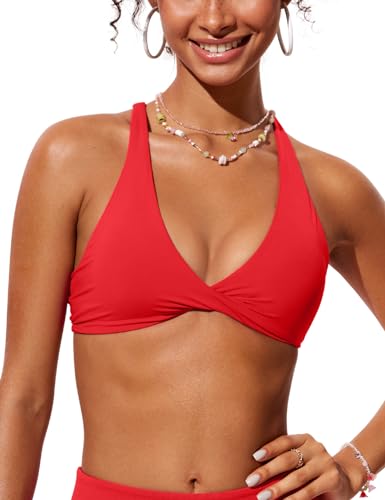 CRZ YOGA Damen Bikini Oberteil Top Bademode Swimsuit Push Up Padded Swim Ruched Wickeloptik Bathing Suits Bikinioberteil Tiefrot 42 von CRZ YOGA
