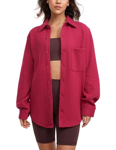 CRZ YOGA Damen Bluse Langarmshirt Button Down Shirts Boyfriend Hemdbluse Casual Langarm Tops mit Tasche Granatapfel 40 von CRZ YOGA