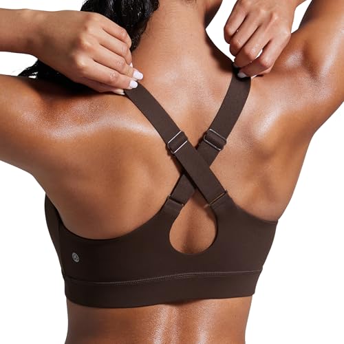 CRZ YOGA Damen Butterbreeze Überkreuzter Rücken Sports BH - V-Ausschnitt Verstellbare Träger Gepolstert Bra ohne Bügel Workout Läuft Top Heißes Fudge-Brown 38 von CRZ YOGA