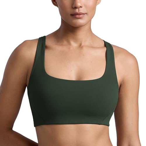 CRZ YOGA Damen Butterlift Doppelt Gefüttert Sport BH Keine BH-Polster V-Form Racerback Yoga Bustier Quadratischer Hals Ohne Bügel Bra Legende Grün 36 von CRZ YOGA