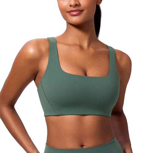 CRZ YOGA Damen Butterlift Doppelt Gefüttert Sport BH Keine BH-Polster V-Form Racerback Yoga Bustier Quadratischer Hals Ohne Bügel Bra Dunkles Waldgrün 40 von CRZ YOGA