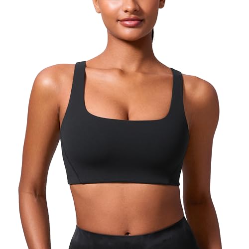 CRZ YOGA Damen Butterlift Doppelt Gefüttert Sport BH Keine BH-Polster V-Form Racerback Yoga Bustier Quadratischer Hals Ohne Bügel Bra Schwarz 38 von CRZ YOGA