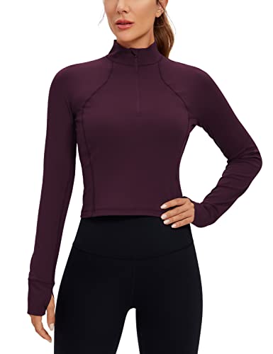 CRZ YOGA Damen Butterluxe 1/2 Reißverschluss Langarmshirt Sport Pullover Crop Oberteile Fitness Gym Running Sweatshirt mit Daumenloch Dunkellila 38 von CRZ YOGA