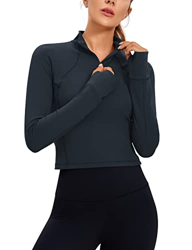 CRZ YOGA Damen Butterluxe 1/2 Reißverschluss Langarmshirt Sport Pullover Crop Oberteile Fitness Gym Running Sweatshirt mit Daumenloch Echte Marine 36 von CRZ YOGA