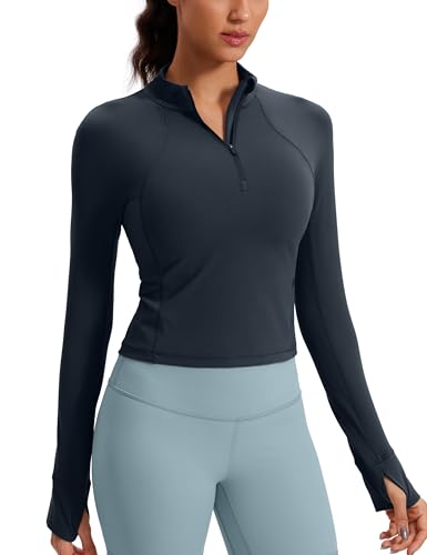 CRZ YOGA Damen Butterluxe 1/2 Reißverschluss Langarmshirt Sport Pullover Crop Oberteile Fitness Gym Running Sweatshirt mit Daumenloch Echte Marine 40 von CRZ YOGA