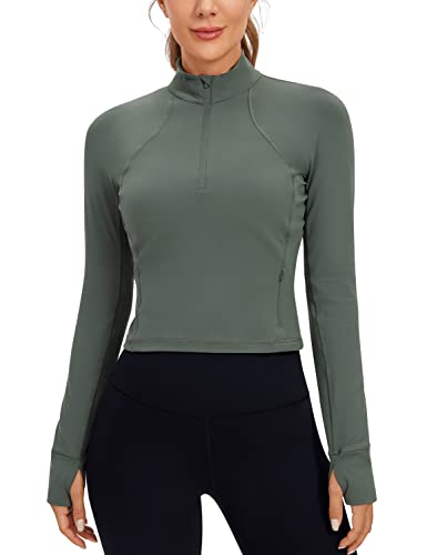 CRZ YOGA Damen Butterluxe 1/2 Reißverschluss Langarmshirt Sport Pullover Crop Oberteile Fitness Gym Running Sweatshirt mit Daumenloch Grauer Salbei 38 von CRZ YOGA