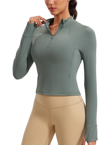 CRZ YOGA Damen Butterluxe 1/2 Reißverschluss Langarmshirt Sport Pullover Crop Oberteile Fitness Gym Running Sweatshirt mit Daumenloch Grauer Salbei 38 von CRZ YOGA