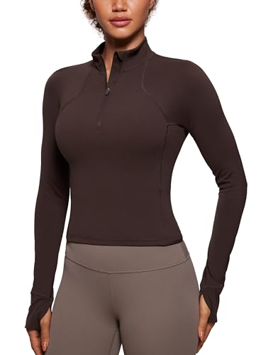 CRZ YOGA Damen Butterluxe 1/2 Reißverschluss Langarmshirt Sport Pullover Crop Oberteile Fitness Gym Running Sweatshirt mit Daumenloch Heißes Fudge-Brown 44 von CRZ YOGA