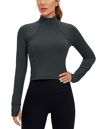 CRZ YOGA Damen Butterluxe 1/2 Reißverschluss Langarmshirt Sport Pullover Crop Oberteile Fitness Gym Running Sweatshirt mit Daumenloch Melanit 42 von CRZ YOGA