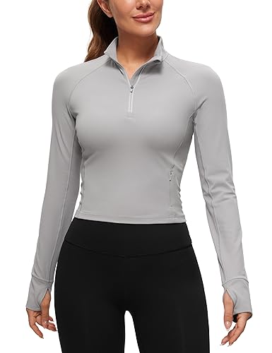 CRZ YOGA Damen Butterluxe 1/2 Reißverschluss Langarmshirt Sport Pullover Crop Oberteile Fitness Gym Running Sweatshirt mit Daumenloch Möwe Grau 38 von CRZ YOGA