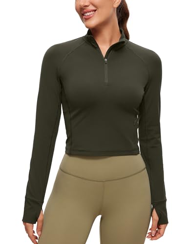 CRZ YOGA Damen Butterluxe 1/2 Reißverschluss Langarmshirt Sport Pullover Crop Oberteile Fitness Gym Running Sweatshirt mit Daumenloch Olivgrün 38 von CRZ YOGA