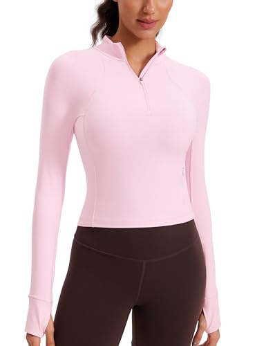 CRZ YOGA Damen Butterluxe 1/2 Reißverschluss Langarmshirt Sport Pullover Crop Oberteile Fitness Gym Running Sweatshirt mit Daumenloch Rosa Pfingstrose 42 von CRZ YOGA