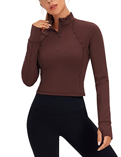 CRZ YOGA Damen Butterluxe 1/2 Reißverschluss Langarmshirt Sport Pullover Crop Oberteile Fitness Gym Running Sweatshirt mit Daumenloch Taupe 38 von CRZ YOGA