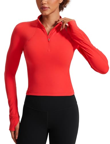 CRZ YOGA Damen Butterluxe 1/2 Reißverschluss Langarmshirt Sport Pullover Crop Oberteile Fitness Gym Running Sweatshirt mit Daumenloch Tiefrot 40 von CRZ YOGA
