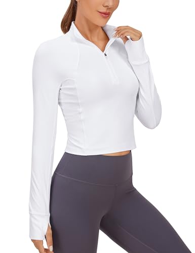 CRZ YOGA Damen Butterluxe 1/2 Reißverschluss Langarmshirt Sport Pullover Crop Oberteile Fitness Gym Running Sweatshirt mit Daumenloch Weiss 36 von CRZ YOGA