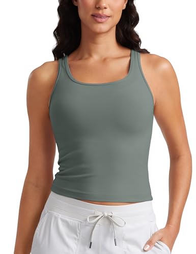CRZ YOGA Damen Butterluxe Doppelt Gefüttert Tanktop Sport Fitness Ärmellose Racerback Crop Top Casual Cropped Oberteile Grauer Salbei 40 von CRZ YOGA