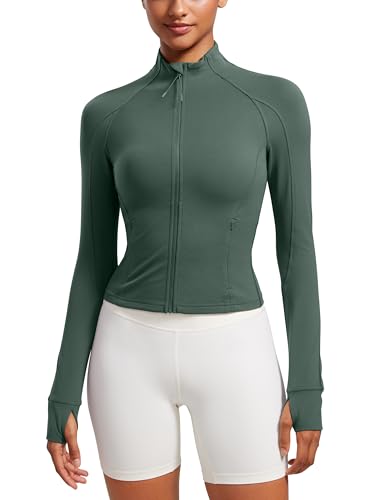 CRZ YOGA Damen Butterluxe Full Zipper Sport Jacke Zip Tasche Crop Running Laufjacke Gym Langarmshirt Sweatjacke mit Daumenloch Dunkles Waldgrün 40 von CRZ YOGA