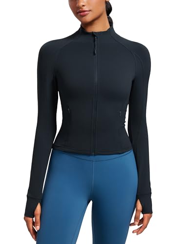 CRZ YOGA Damen Butterluxe Full Zipper Sport Jacke Zip Tasche Crop Running Laufjacke Gym Langarmshirt Sweatjacke mit Daumenloch Echte Marine 44 von CRZ YOGA