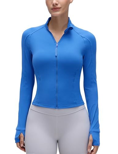 CRZ YOGA Damen Butterluxe Full Zipper Sport Jacke Zip Tasche Crop Running Laufjacke Gym Langarmshirt Sweatjacke mit Daumenloch Funkelndes Blau 42 von CRZ YOGA