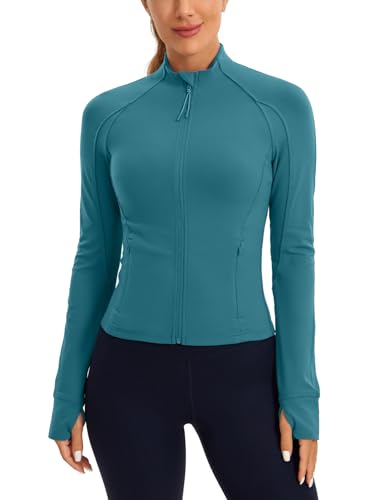 CRZ YOGA Damen Butterluxe Full Zipper Sport Jacke Zip Tasche Crop Running Laufjacke Gym Langarmshirt Sweatjacke mit Daumenloch Grüne Jade 38 von CRZ YOGA