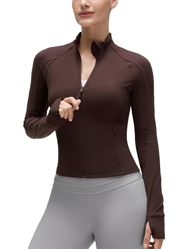 CRZ YOGA Damen Butterluxe Full Zipper Sport Jacke Zip Tasche Crop Running Laufjacke Gym Langarmshirt Sweatjacke mit Daumenloch Heißes Fudge-Brown 38 von CRZ YOGA