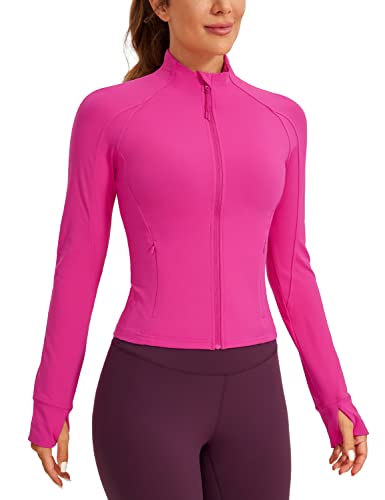 CRZ YOGA Damen Butterluxe Full Zipper Sport Jacke Zip Tasche Crop Running Laufjacke Gym Langarmshirt Sweatjacke mit Daumenloch Hibiskus-Purpur 38 von CRZ YOGA