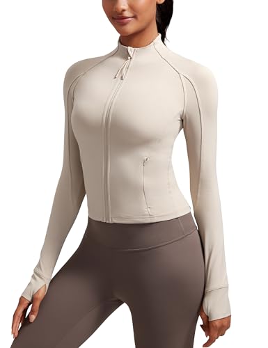 CRZ YOGA Damen Butterluxe Full Zipper Sport Jacke Zip Tasche Crop Running Laufjacke Gym Langarmshirt Sweatjacke mit Daumenloch Mojave-Braun 40 von CRZ YOGA