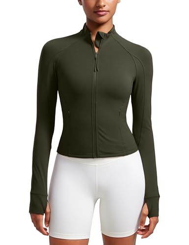 CRZ YOGA Damen Butterluxe Full Zipper Sport Jacke Zip Tasche Crop Running Laufjacke Gym Langarmshirt Sweatjacke mit Daumenloch Olivgrün 38 von CRZ YOGA