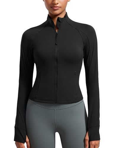CRZ YOGA Damen Butterluxe Full Zipper Sport Jacke Zip Tasche Crop Running Laufjacke Gym Langarmshirt Sweatjacke mit Daumenloch Schwarz 34 von CRZ YOGA