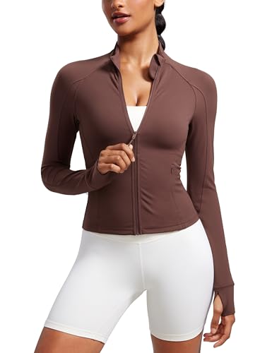 CRZ YOGA Damen Butterluxe Full Zipper Sport Jacke Zip Tasche Crop Running Laufjacke Gym Langarmshirt Sweatjacke mit Daumenloch Taupe 42 von CRZ YOGA