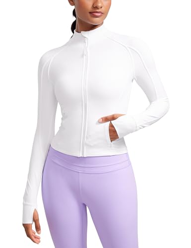CRZ YOGA Damen Butterluxe Full Zipper Sport Jacke Zip Tasche Crop Running Laufjacke Gym Langarmshirt Sweatjacke mit Daumenloch Weiss 40 von CRZ YOGA