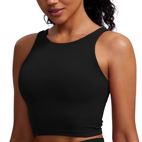 CRZ YOGA Damen Butterluxe Longline Sport BH Gepolstert Ohne Bügel Crop Top High Neck U Rücken Workout Tanktops Schwarz 38 von CRZ YOGA