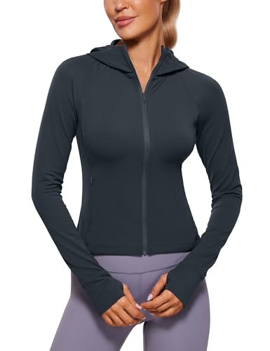 CRZ YOGA Damen Butterluxe Kapuzenpullover Hoodie Zip Up Sweatjacke Workout Langarm Hoody Kapuzenjacke mit Daumenloch Echte Marine 38 von CRZ YOGA