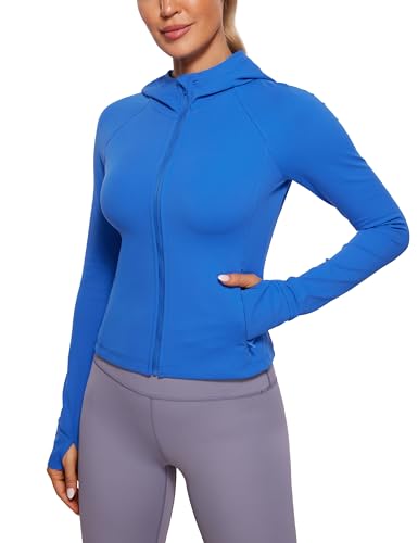 CRZ YOGA Damen Butterluxe Kapuzenpullover Hoodie Zip Up Sweatjacke Workout Langarm Hoody Kapuzenjacke mit Daumenloch Funkelndes Blau 42 von CRZ YOGA