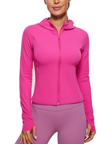 CRZ YOGA Damen Butterluxe Kapuzenpullover Hoodie Zip Up Sweatjacke Workout Langarm Hoody Kapuzenjacke mit Daumenloch Hibiskus-Purpur 42 von CRZ YOGA