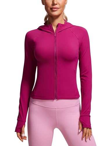 CRZ YOGA Damen Butterluxe Kapuzenpullover Hoodie Zip Up Sweatjacke Workout Langarm Hoody Kapuzenjacke mit Daumenloch Magenta Violett 40 von CRZ YOGA