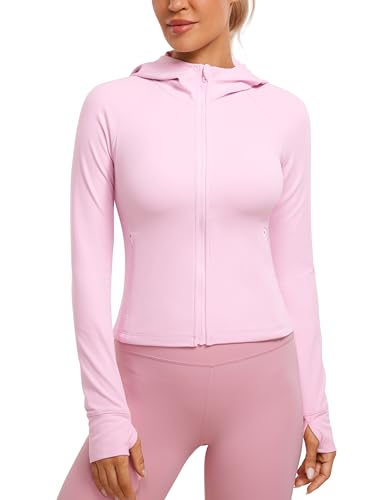 CRZ YOGA Damen Butterluxe Kapuzenpullover Hoodie Zip Up Sweatjacke Workout Langarm Hoody Kapuzenjacke mit Daumenloch Rosa Pfingstrose 42 von CRZ YOGA