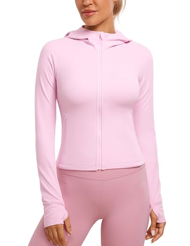 CRZ YOGA Damen Butterluxe Kapuzenpullover Hoodie Zip Up Sweatjacke Workout Langarm Hoody Kapuzenjacke mit Daumenloch Rosa Pfingstrose 44 von CRZ YOGA