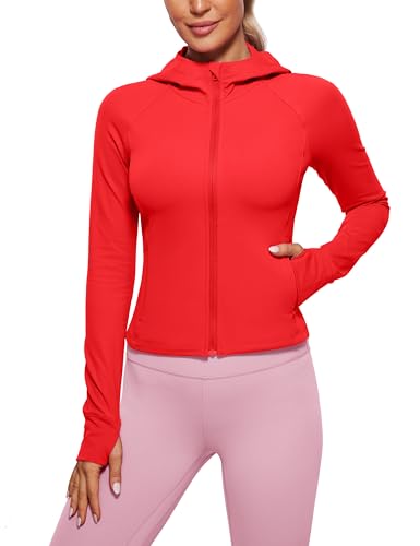 CRZ YOGA Damen Butterluxe Kapuzenpullover Hoodie Zip Up Sweatjacke Workout Langarm Hoody Kapuzenjacke mit Daumenloch Tiefrot 42 von CRZ YOGA