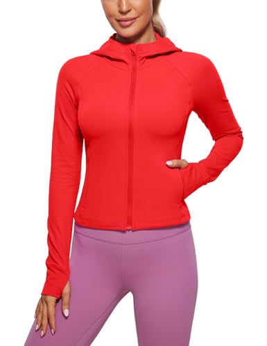 CRZ YOGA Damen Butterluxe Kapuzenpullover Hoodie Zip Up Sweatjacke Workout Langarm Hoody Kapuzenjacke mit Daumenloch Tiefrot 44 von CRZ YOGA