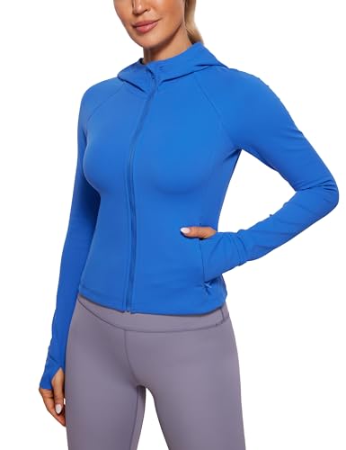 CRZ YOGA Damen Butterluxe Kapuzenpullover Hoodie Zip Up Sweatjacke Workout Langarm Hoody Kapuzenjacke mit Daumenloch Funkelndes Blau 40 von CRZ YOGA