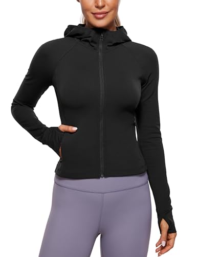 CRZ YOGA Damen Butterluxe Kapuzenpullover Hoodie Zip Up Sweatjacke Workout Langarm Hoody Kapuzenjacke mit Daumenloch Schwarz 36 von CRZ YOGA