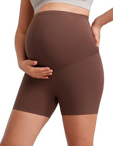 CRZ YOGA Damen Butterluxe Kurze Umstandsleggings Schwangerschaft Shorts Umstandsshorts Umstandshose Yoga Leggings - 10cm Kaffeebraun 40 von CRZ YOGA