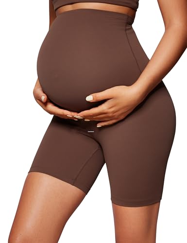 CRZ YOGA Damen Butterluxe Kurze Umstandsleggings Schwangerschaft Shorts Umstandsshorts Umstandshose Yoga Leggings - 15cm Kaffeebraun 42 von CRZ YOGA