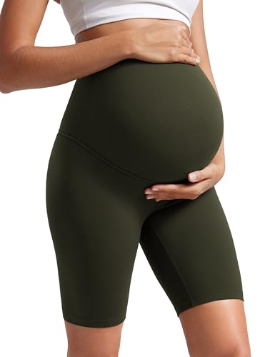 CRZ YOGA Damen Butterluxe Kurze Umstandsleggings Schwangerschaft Shorts Umstandsshorts Umstandshose Yoga Leggings - 20cm Olivgrün 40 von CRZ YOGA