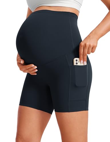 CRZ YOGA Damen Butterluxe Kurze Umstandsleggings mit Taschen Schwangerschaft Biker Shorts Umstandsshorts Umstandshose - 13cm Echte Marine 42 von CRZ YOGA