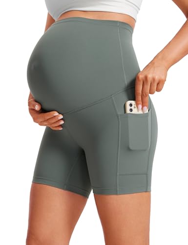 CRZ YOGA Damen Butterluxe Kurze Umstandsleggings mit Taschen Schwangerschaft Biker Shorts Umstandsshorts Umstandshose - 13cm Grauer Salbei 40 von CRZ YOGA